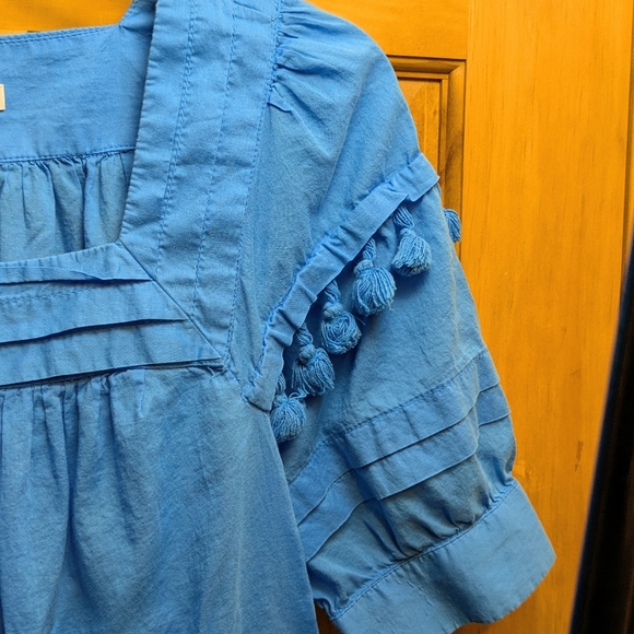 Chico's Peasant Blouse Tassel Sz 0 = Small Square Neck 3/4 Sleeve Top Blue Boho - Picture 4 of 10
